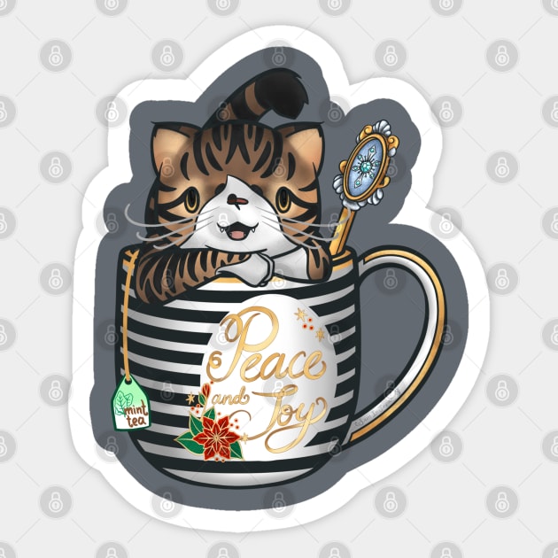 “Peace and Joy” Spice the tabby cat in a teacup keeping warm for the holidays Sticker by SamInJapan